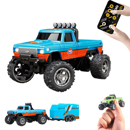 Toy monster truck with remote control and additional toy vehicles on a white background