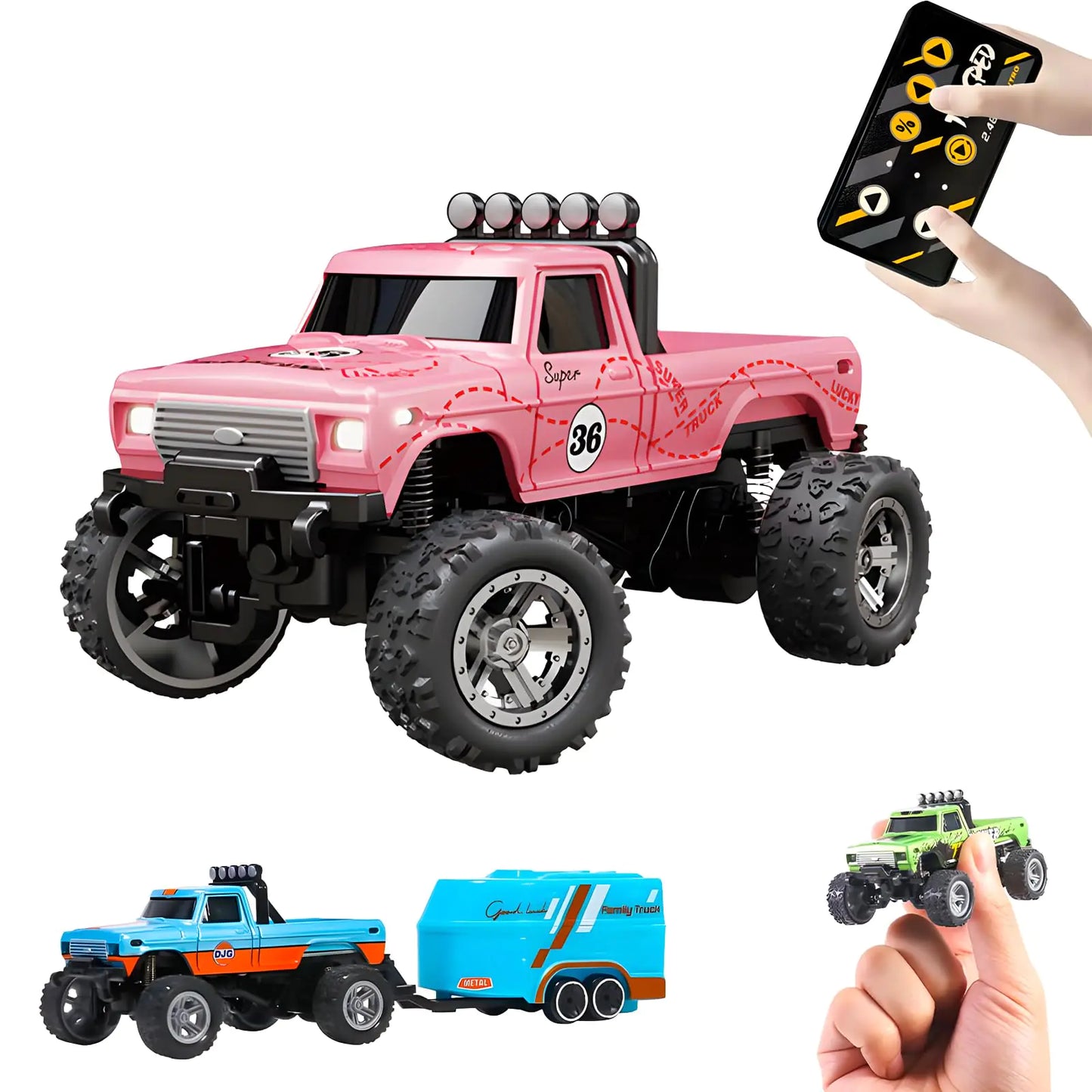 Mini RC Monster Truck – 1:64 Scale (Pink)